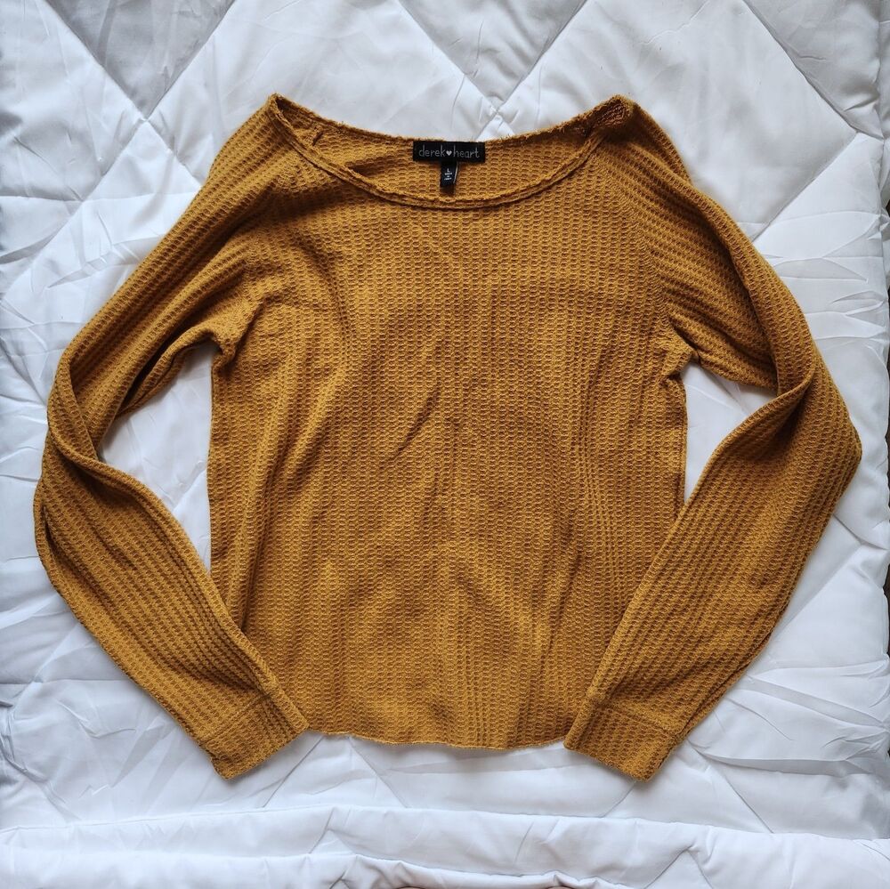 Derek Heart Mustard Waffle-Knit Long Sleeve Sweater Size L